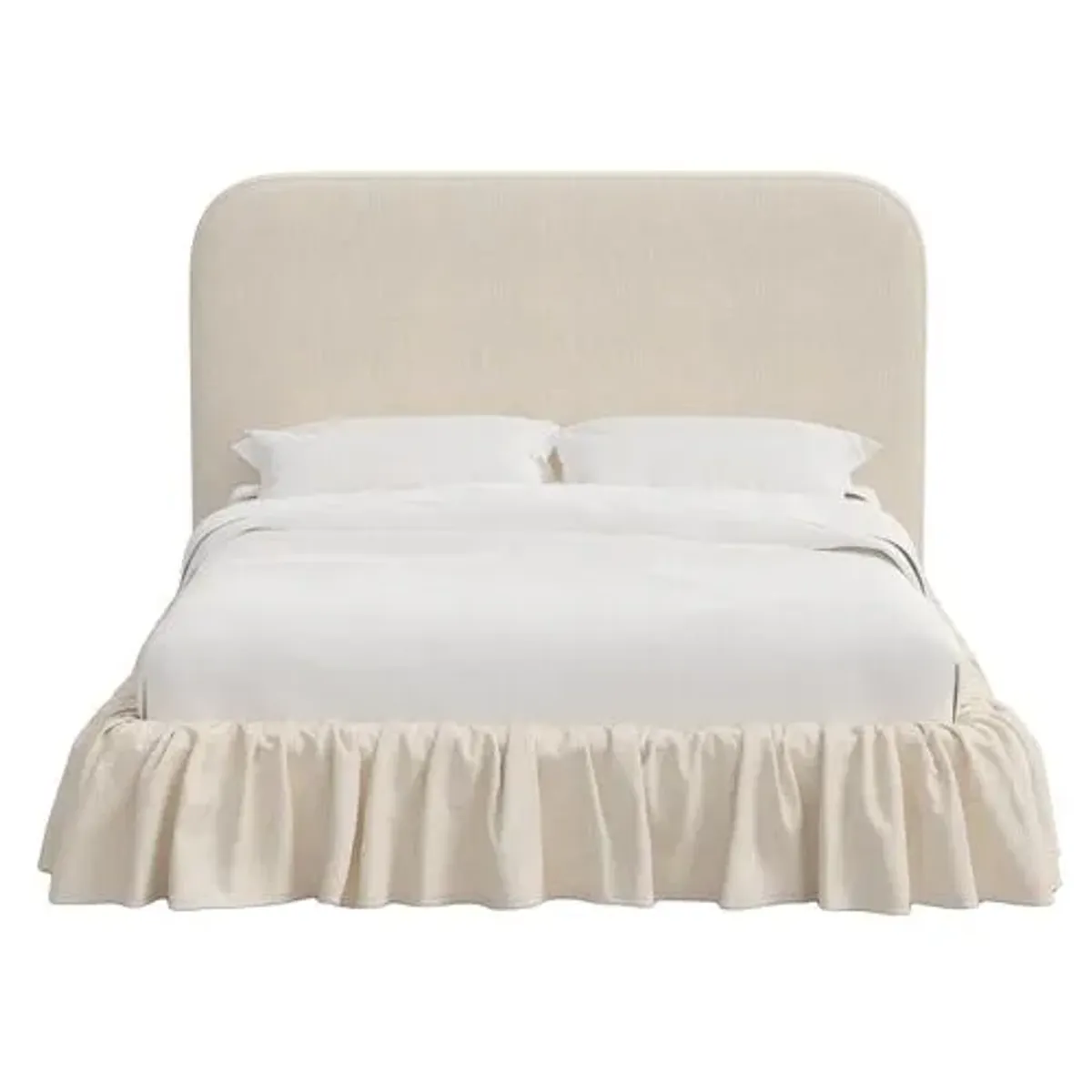 Maggie Ruffle Rounded Platform Bed - Linen - Handcrafted - Ivory - Rounded Headboard Corners, Upholstered, Comfortable & Durable