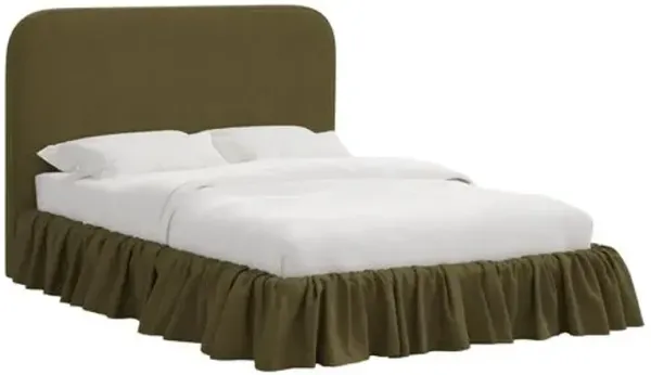 Maggie Ruffle Rounded Platform Bed - Linen - Handcrafted - Green - Rounded Headboard Corners, Upholstered, Comfortable & Durable