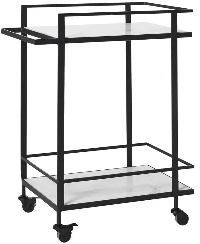 Callen Marble/Iron Bar Cart, White/Matte Black