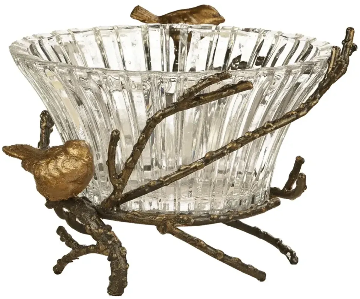 Bronze Bird Branch and Crystal Bowl