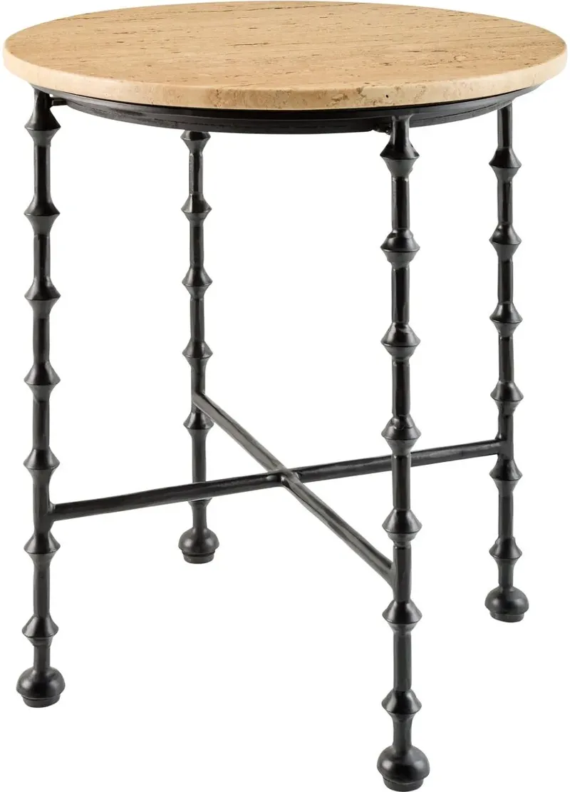 Cambria Indoor/Outdoor Marble Top Round End Table, Beige/Black