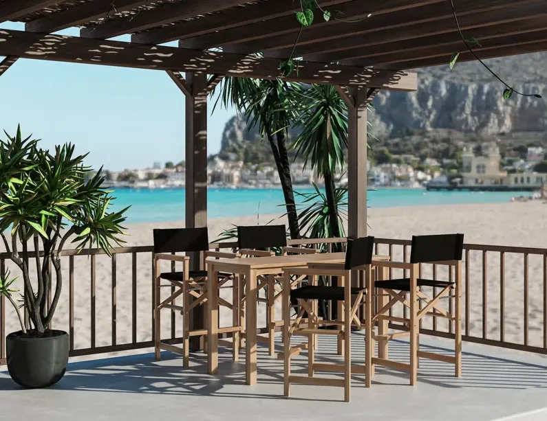 Calindra 5-Piece Outdoor Rectangular Teak Counter Height Dining Set w/ Folding Armchairs