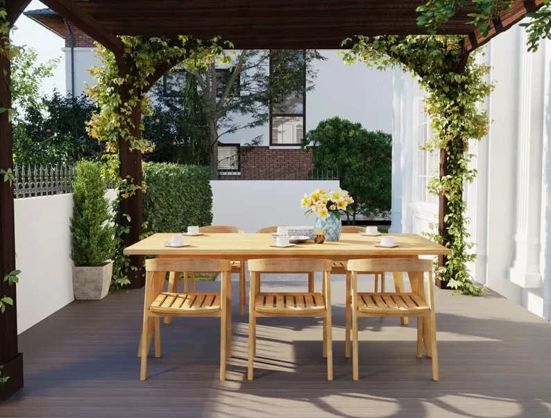 Juniper 7-Piece Outdoor Rectangular Teak Dining Set w/ Barrel Back Armchairs, Natural