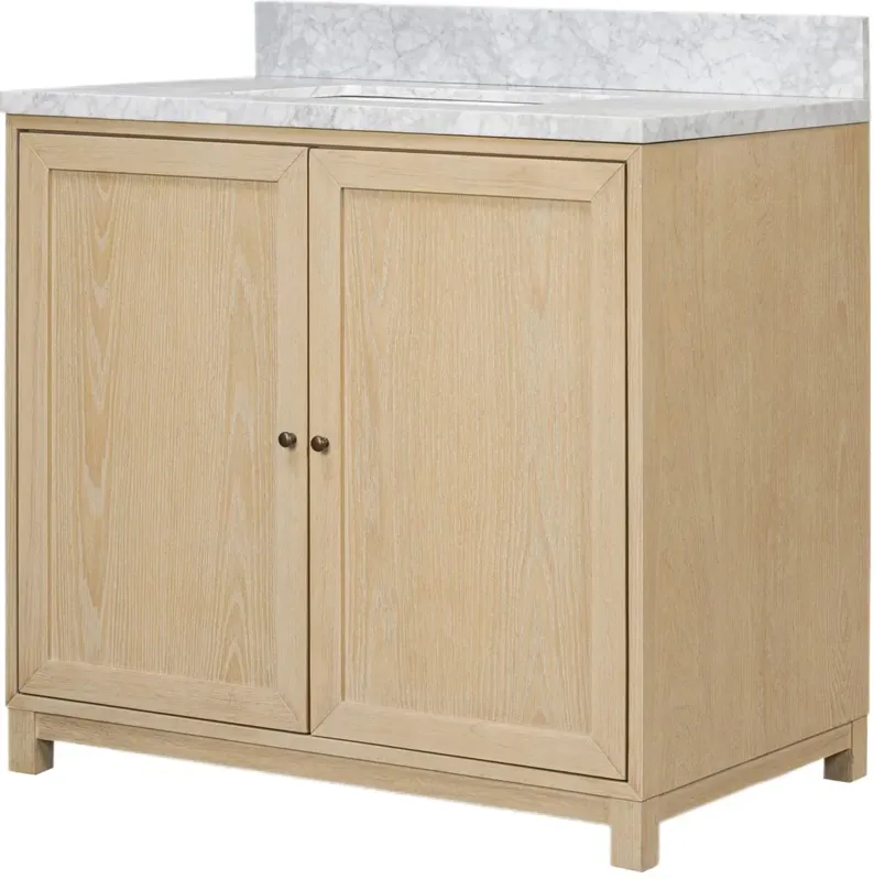 Laila 35.5" Marble Top Single Bathroom Vanity, Satin Bleached Oak/Grey