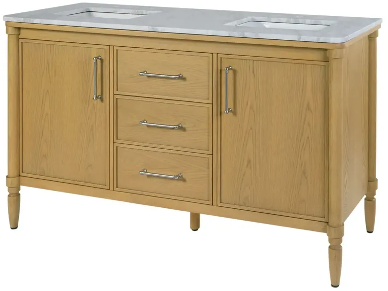 Frederick Marble Top Double Sink Bathroom Vanity, Light Oak
