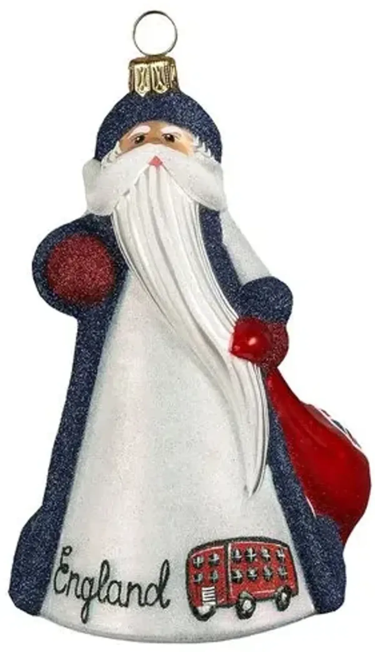 British Santa Ornament - Glitter Blue/Red - Handcrafted