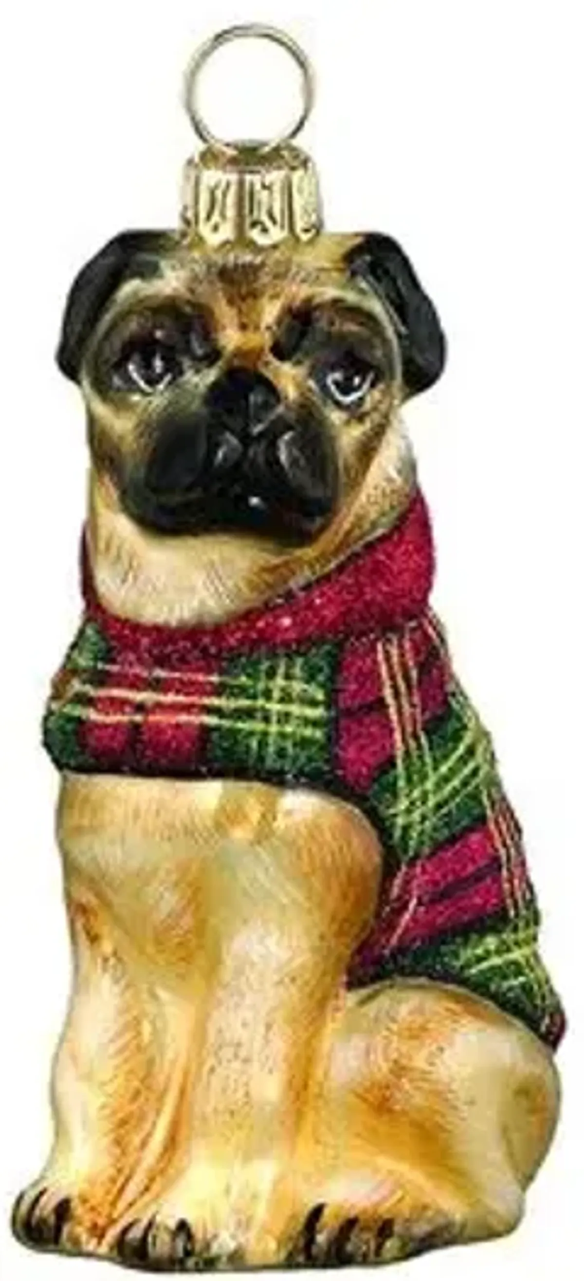 Pug Ornament - Tan/Red - Handcrafted