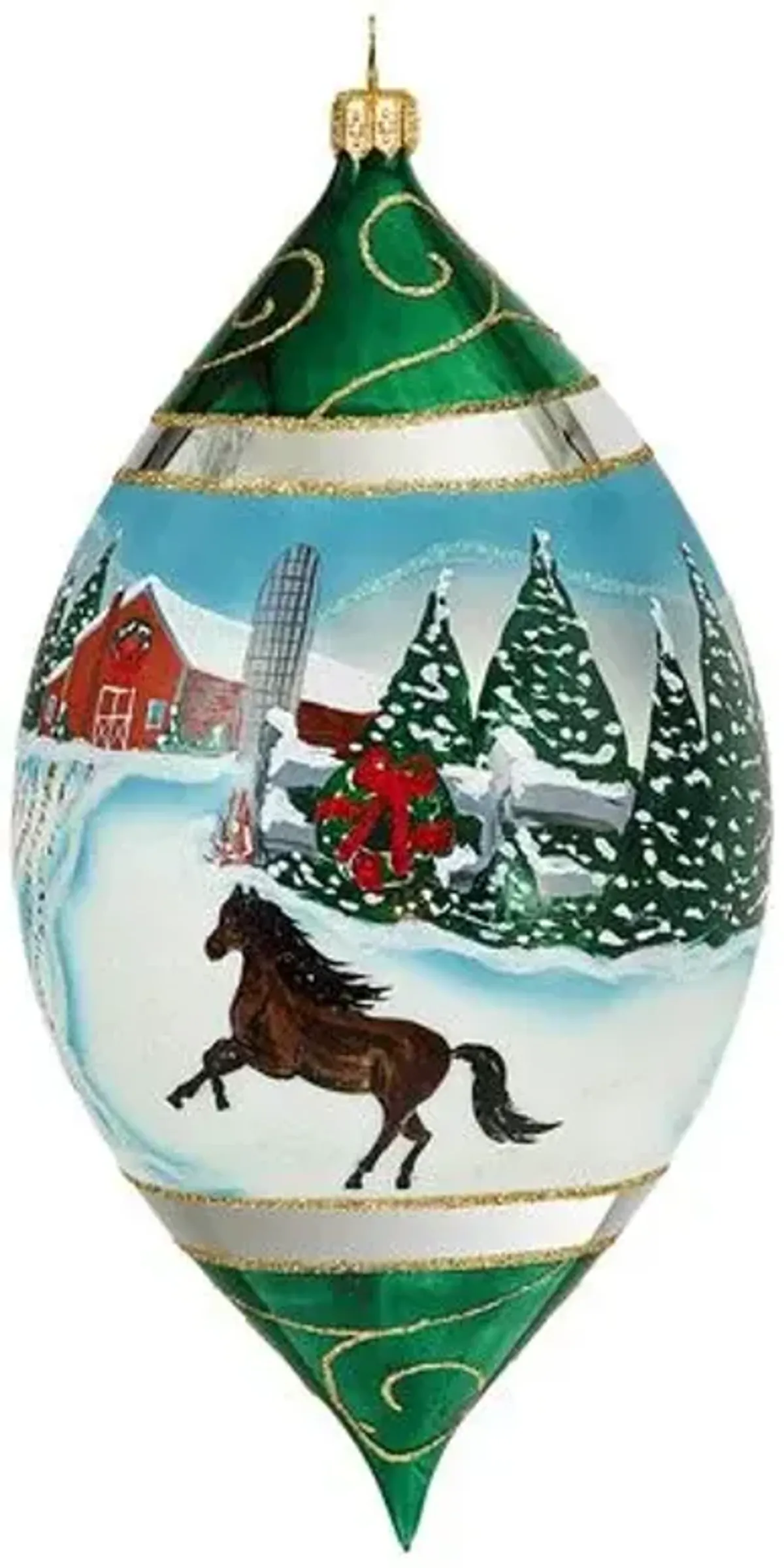 Snowy Barn & Stallion Drop Ornament - Emerald