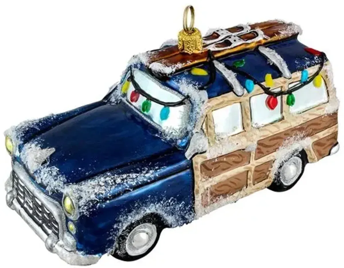 Woody Car with Skis Ornament - Navy - Handcrafted - Blue