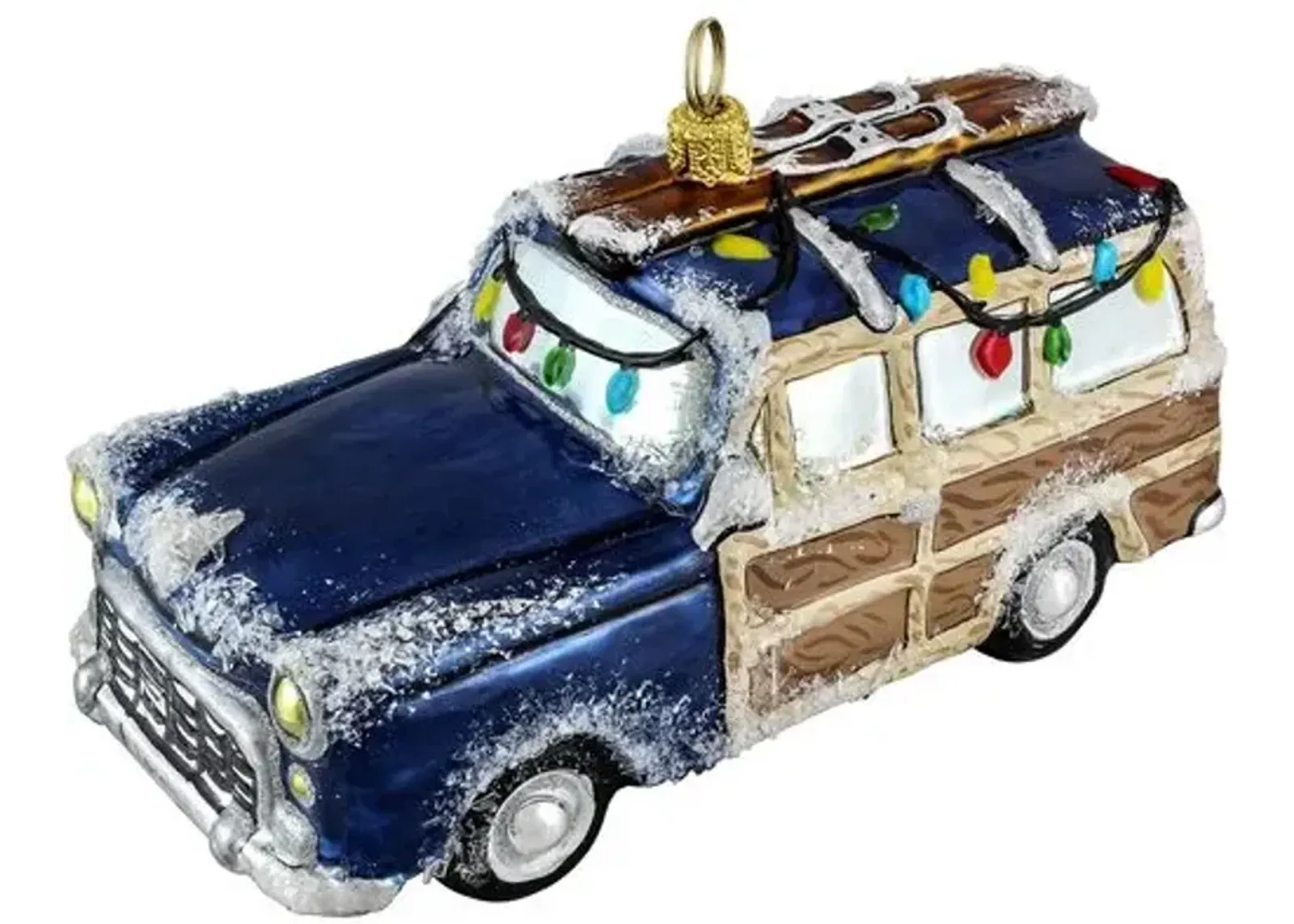 Woody Car with Skis Ornament - Navy - Handcrafted - Blue