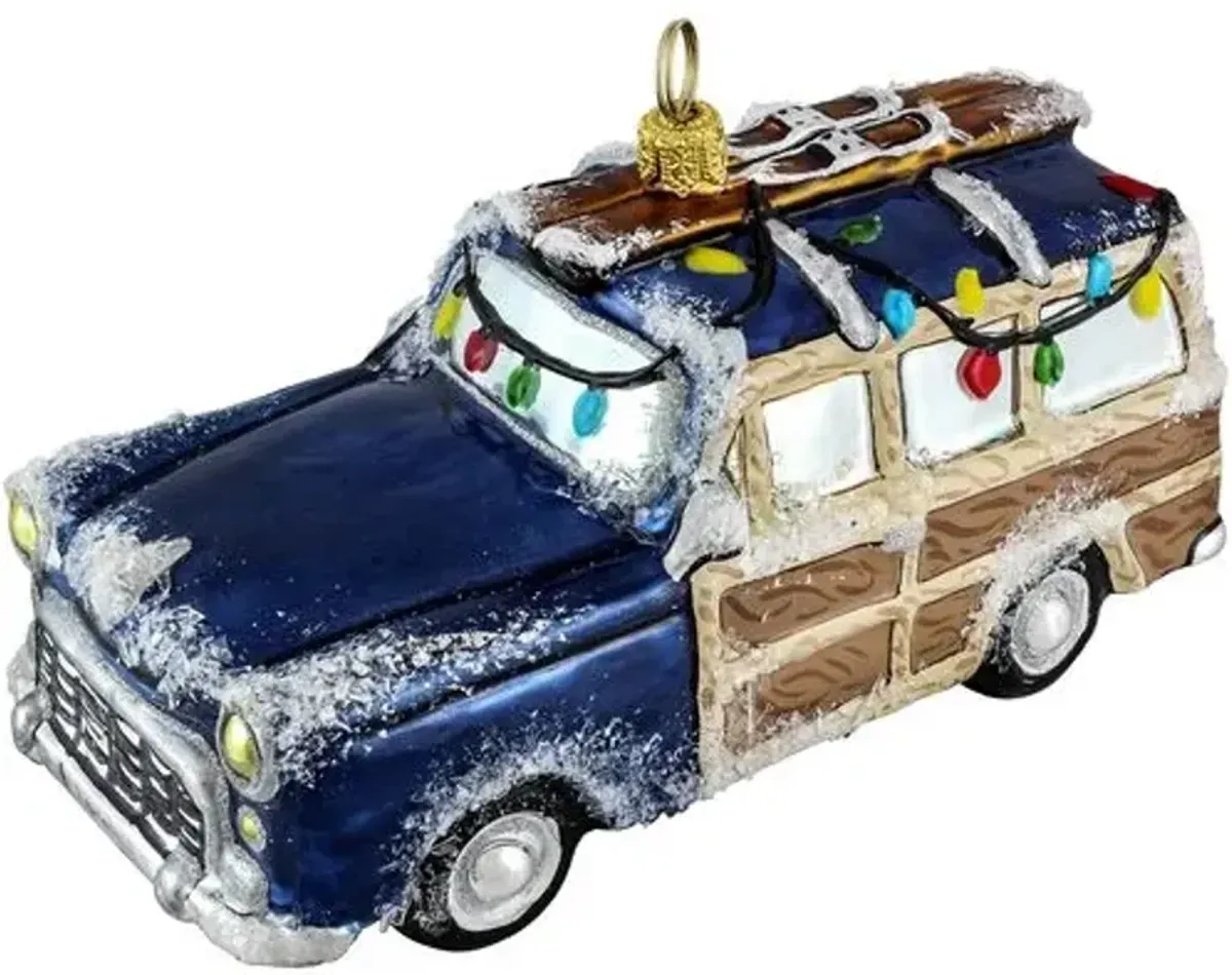 Woody Car with Skis Ornament - Navy - Handcrafted - Blue