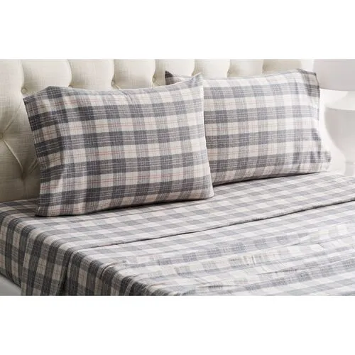 Plaid Flannel Sheet Set - Gray/Rose - Belle Epoque, 300 Thread Count, Egyptian Cotton Sateen, Soft and Luxurious