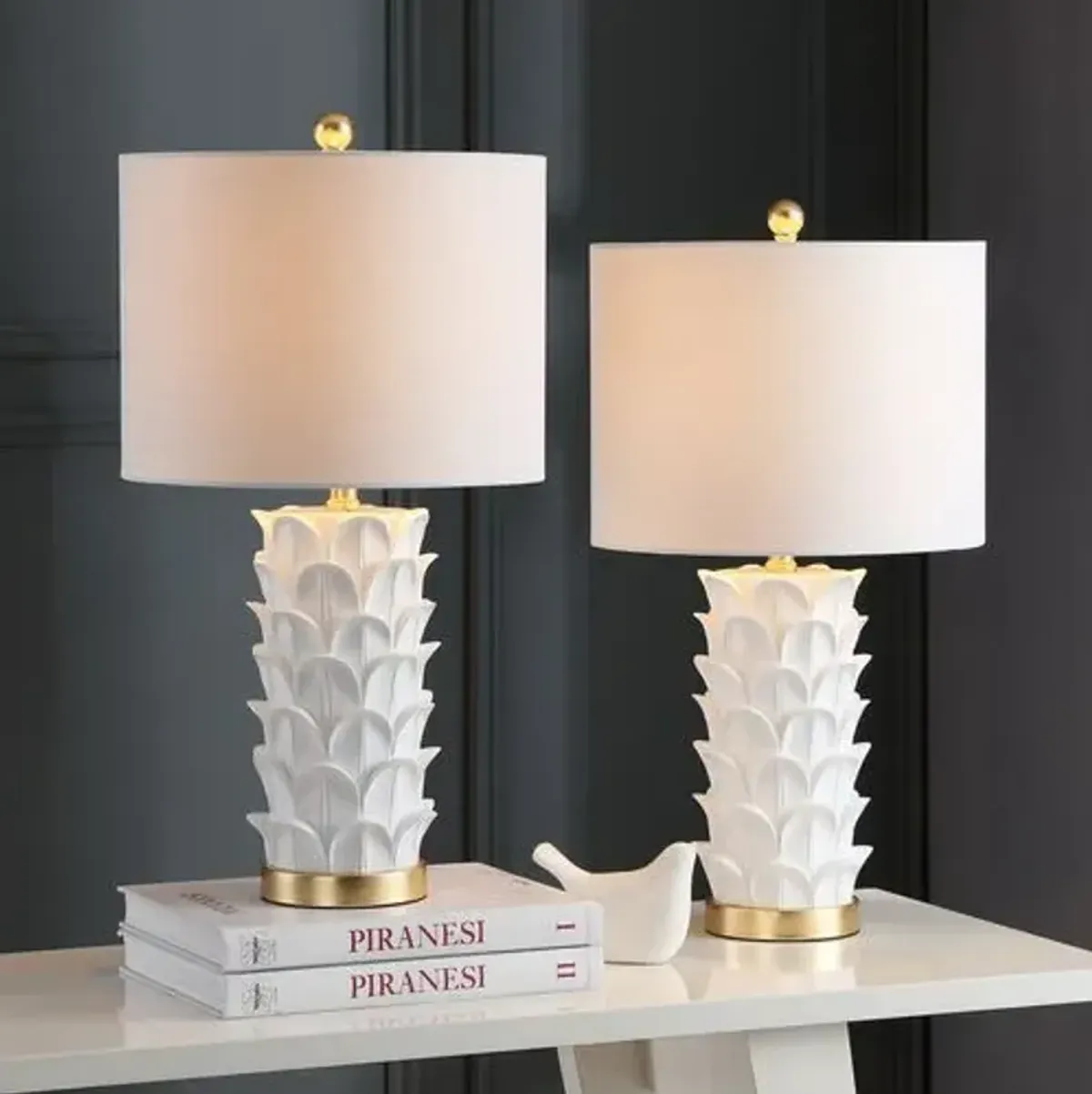 Set of 2 Violet Table Lamps - White/Gold Leaf