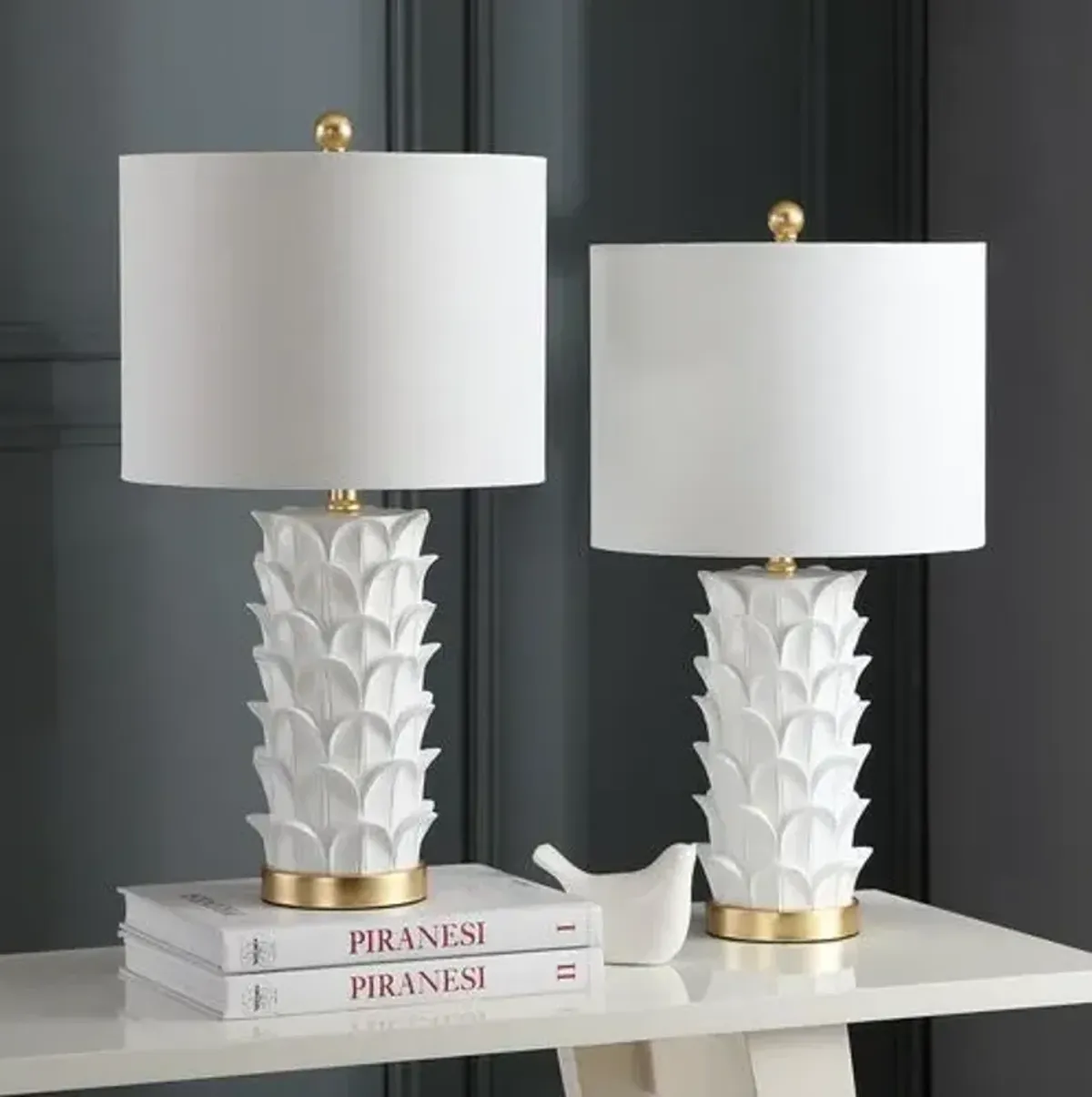 Set of 2 Violet Table Lamps - White/Gold Leaf