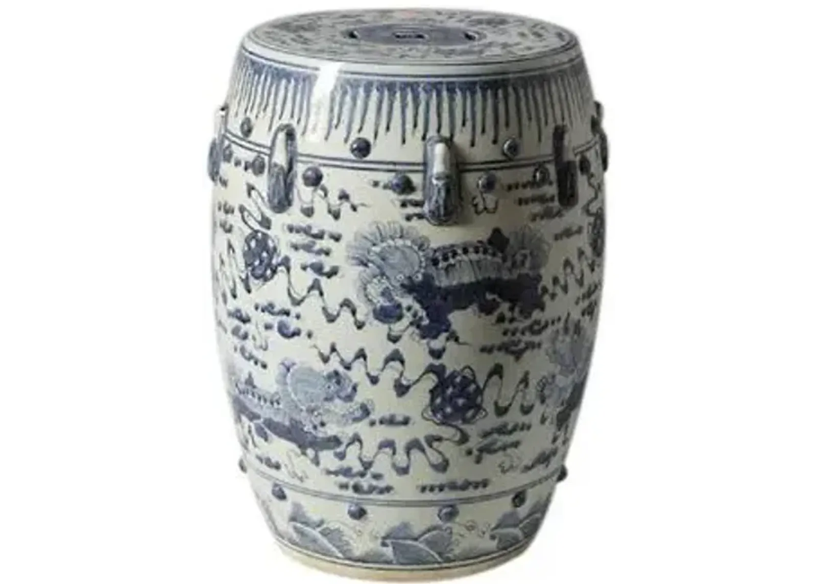 Lion-Motif Garden Stool - Blue/White