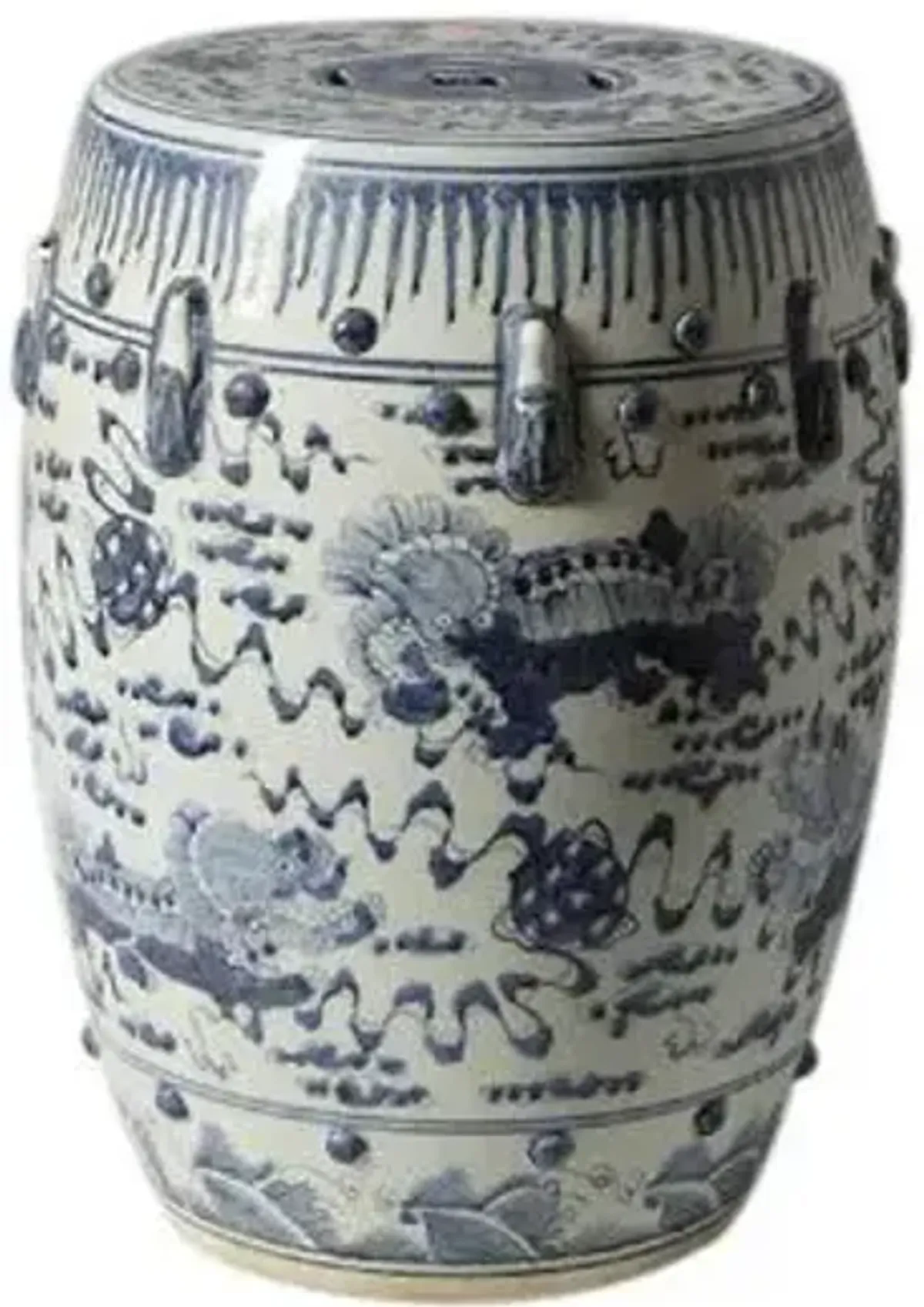 Lion-Motif Garden Stool - Blue/White