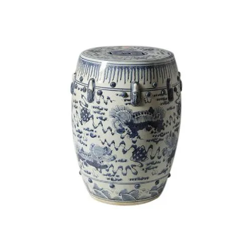 Lion-Motif Garden Stool - Blue/White