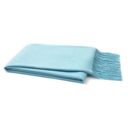 Solid Cashmere Throw - Light Blue - Lightweight, Soft, Warm, Fringed