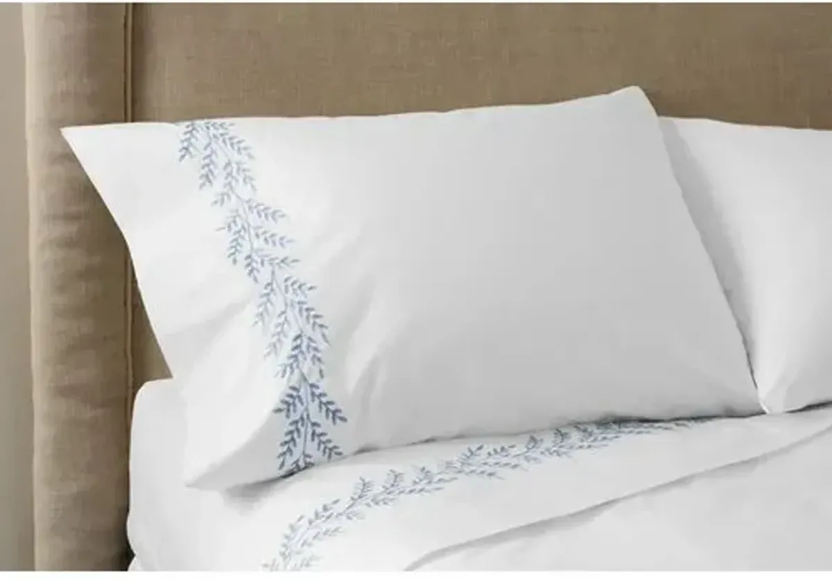 Willow Sheet Set - Blue - Hamburg House - White, 300 Thread Count, Egyptian Cotton Sateen, Soft and Luxurious