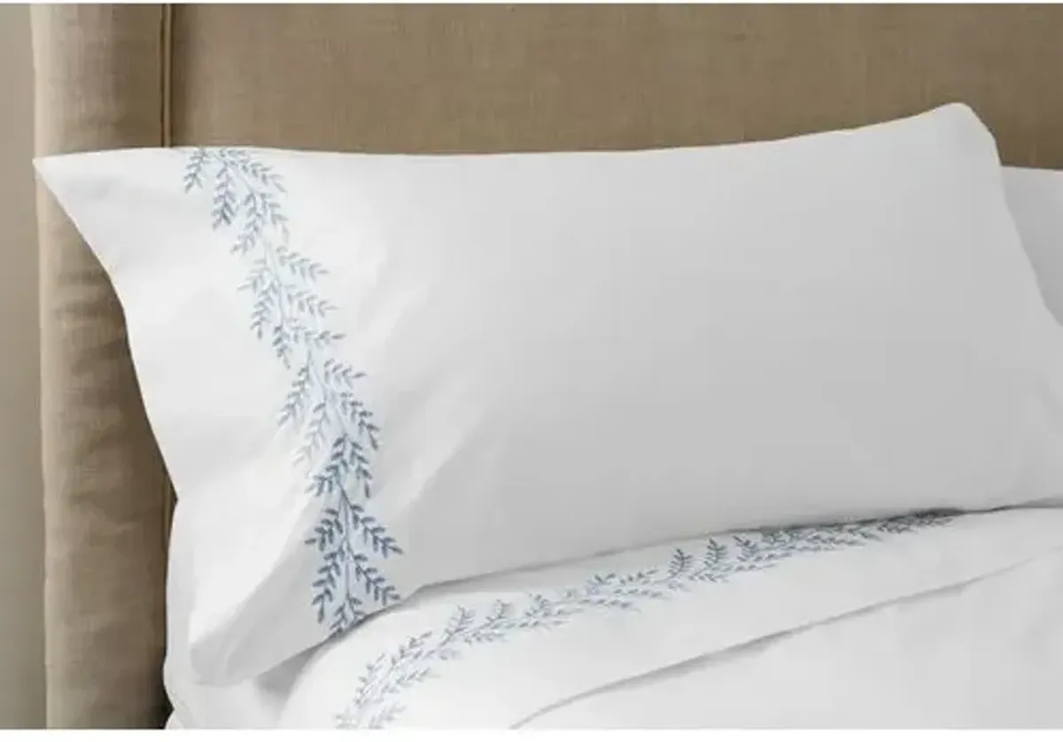 Willow Embroidered Sheet Set - Hamburg House - blue, 300 Thread Count, Egyptian Cotton Sateen, Soft and Luxurious