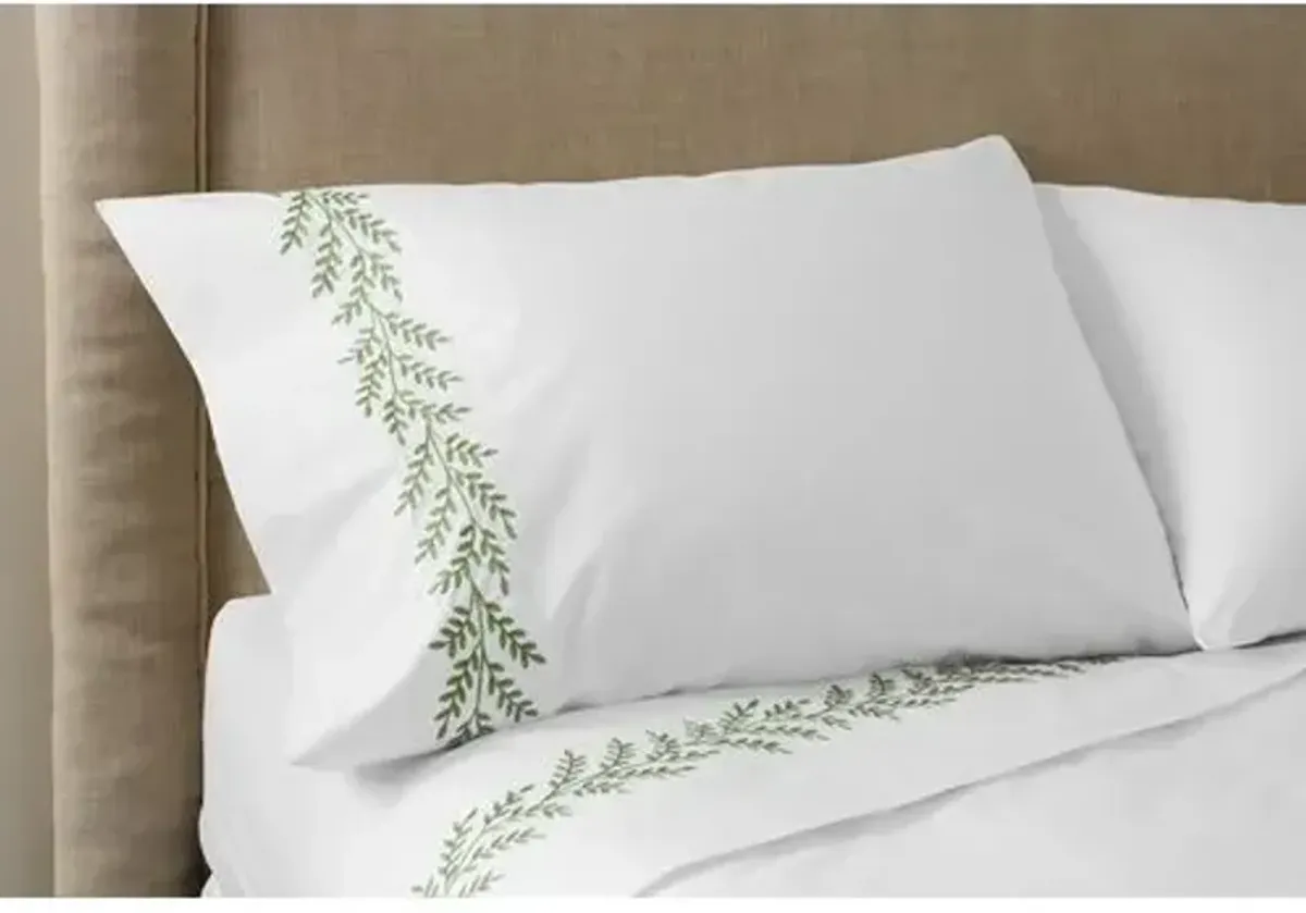 Willow Sheet Set - Green - Hamburg House - White, 300 Thread Count, Egyptian Cotton Sateen, Soft and Luxurious