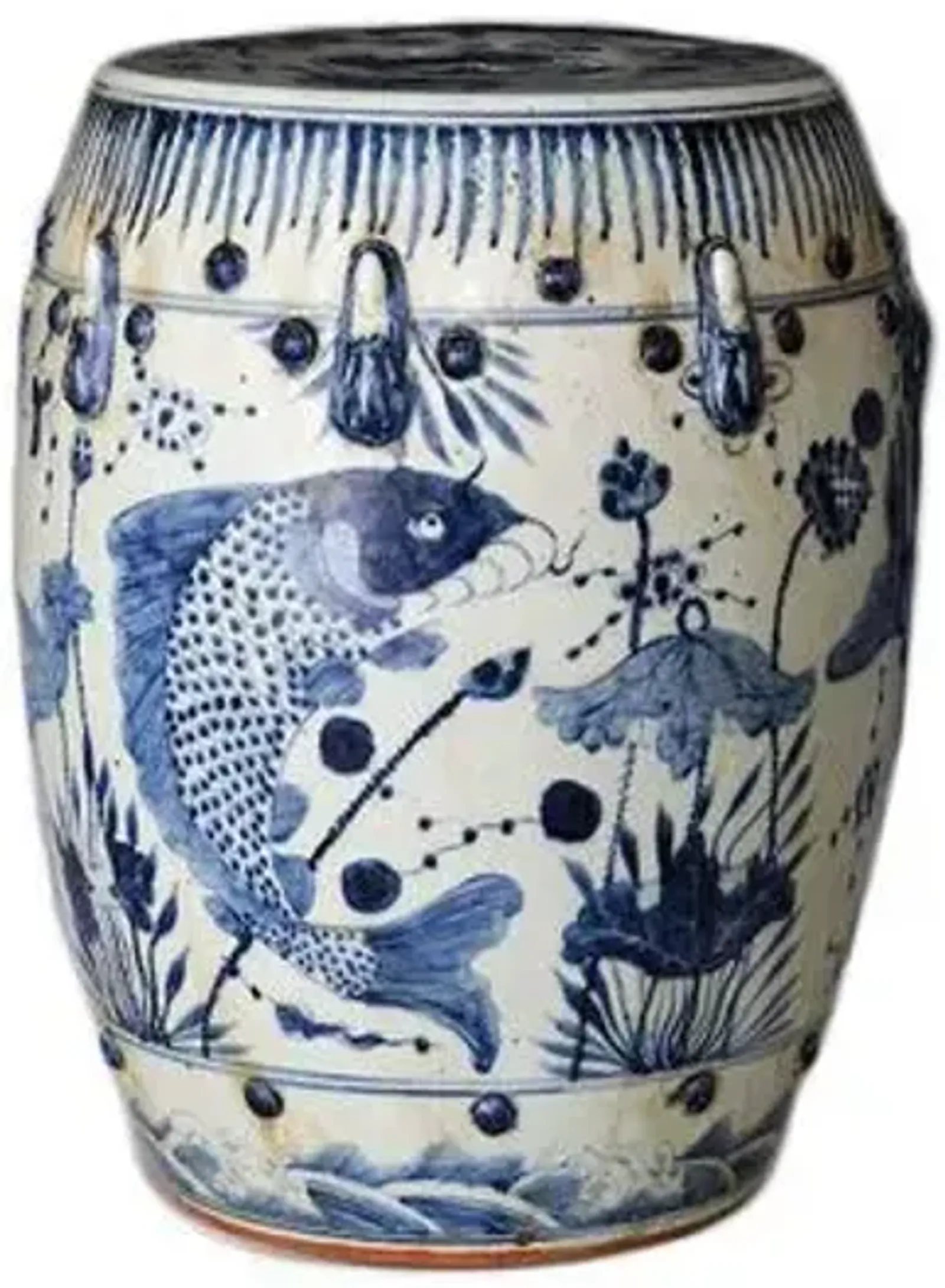 Fish-Motif Garden Stool - Navy/White - Handcrafted