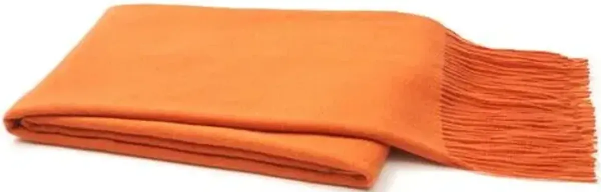 Solid Cashmere Throw - Orange - Lightweight, Soft, Warm, Fringed