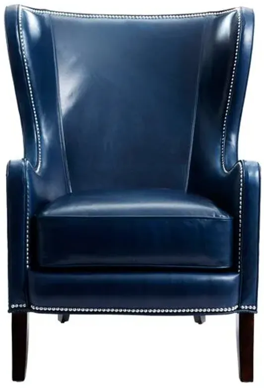 Dempsey Leather Wingback Chair - Navy - Massoud - Handcrafted in The USA - Blue - Comfortable, Stylish