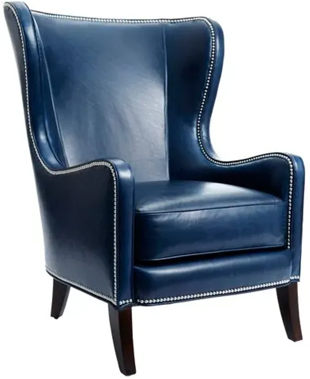 Dempsey Leather Wingback Chair - Navy - Massoud - Handcrafted in The USA - Blue - Comfortable, Stylish