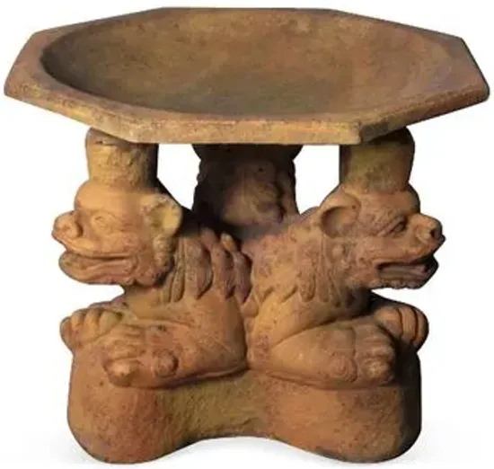 20" Three Foo Dogs Bird Bath - Sandstone - Brown