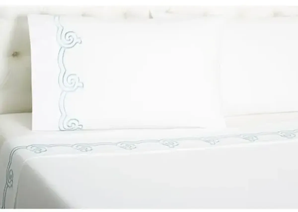 Serenity Embroidered Sheet Set - Hamburg House - White, 300 Thread Count, Egyptian Cotton Sateen, Soft and Luxurious