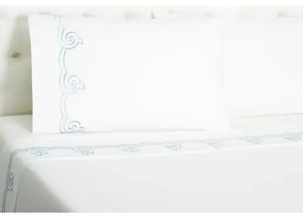 Serenity Embroidered Sheet Set - Hamburg House - White, 300 Thread Count, Egyptian Cotton Sateen, Soft and Luxurious