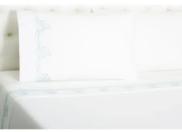 Serenity Embroidered Sheet Set - Hamburg House - White, 300 Thread Count, Egyptian Cotton Sateen, Soft and Luxurious