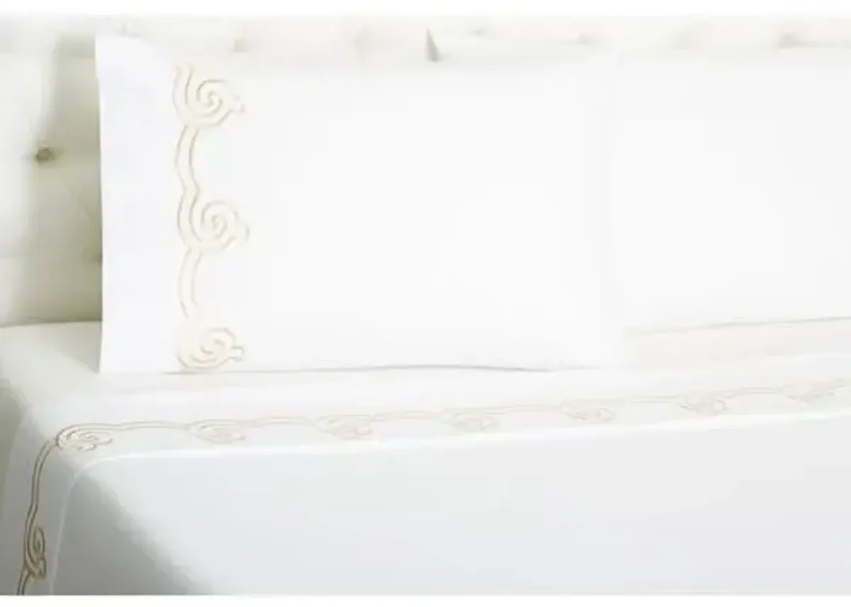 Serenity Embroidered Sheet Set - Hamburg House - White, 300 Thread Count, Egyptian Cotton Sateen, Soft and Luxurious