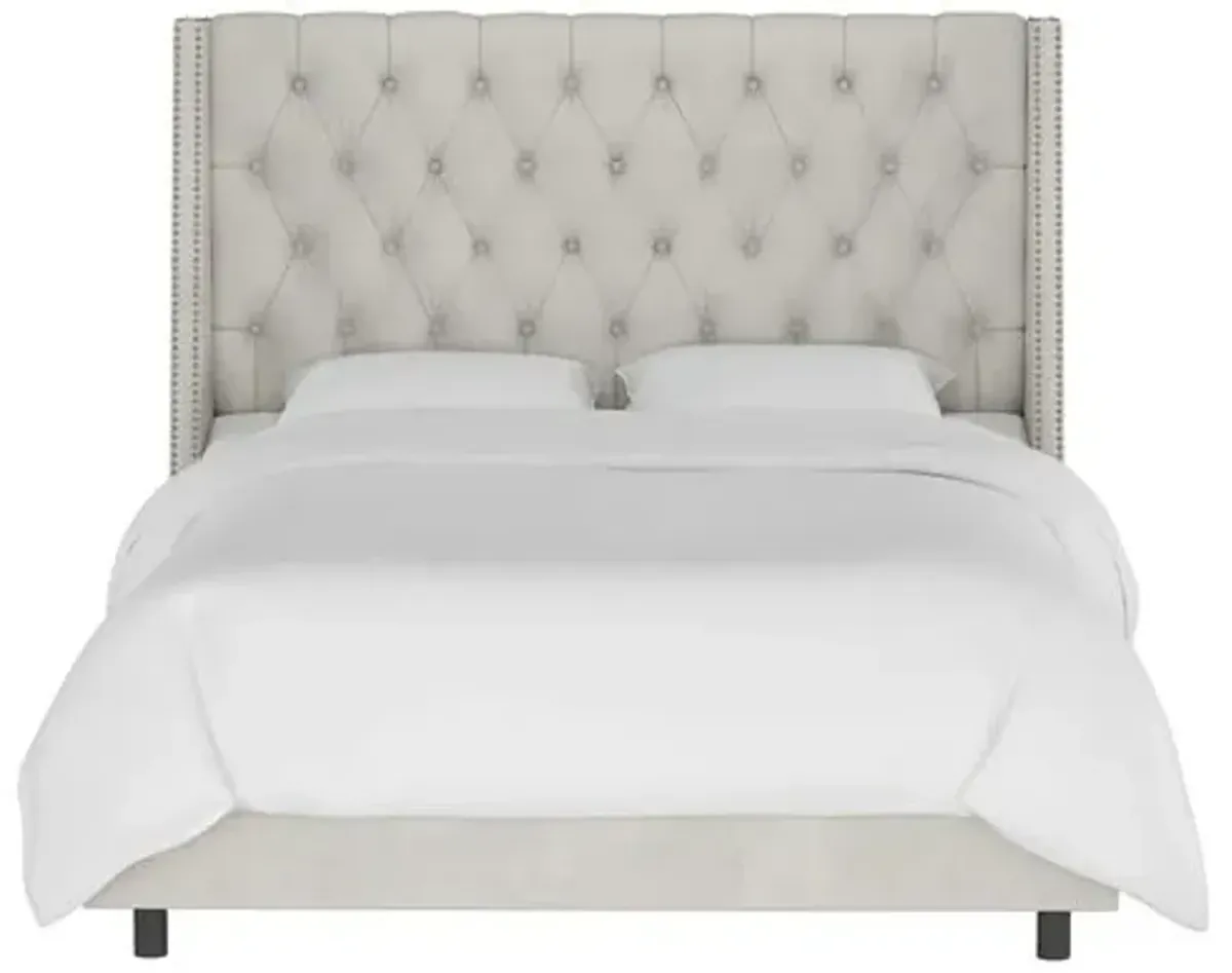 Sophia Velvet Wingback Bed - Handcrafted - Gray, Mattress, Box Spring Required