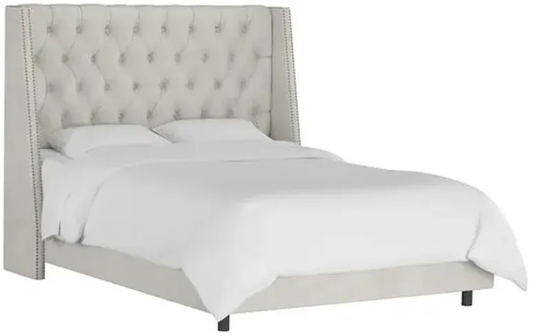 Sophia Velvet Wingback Bed - Handcrafted - Gray, Mattress, Box Spring Required