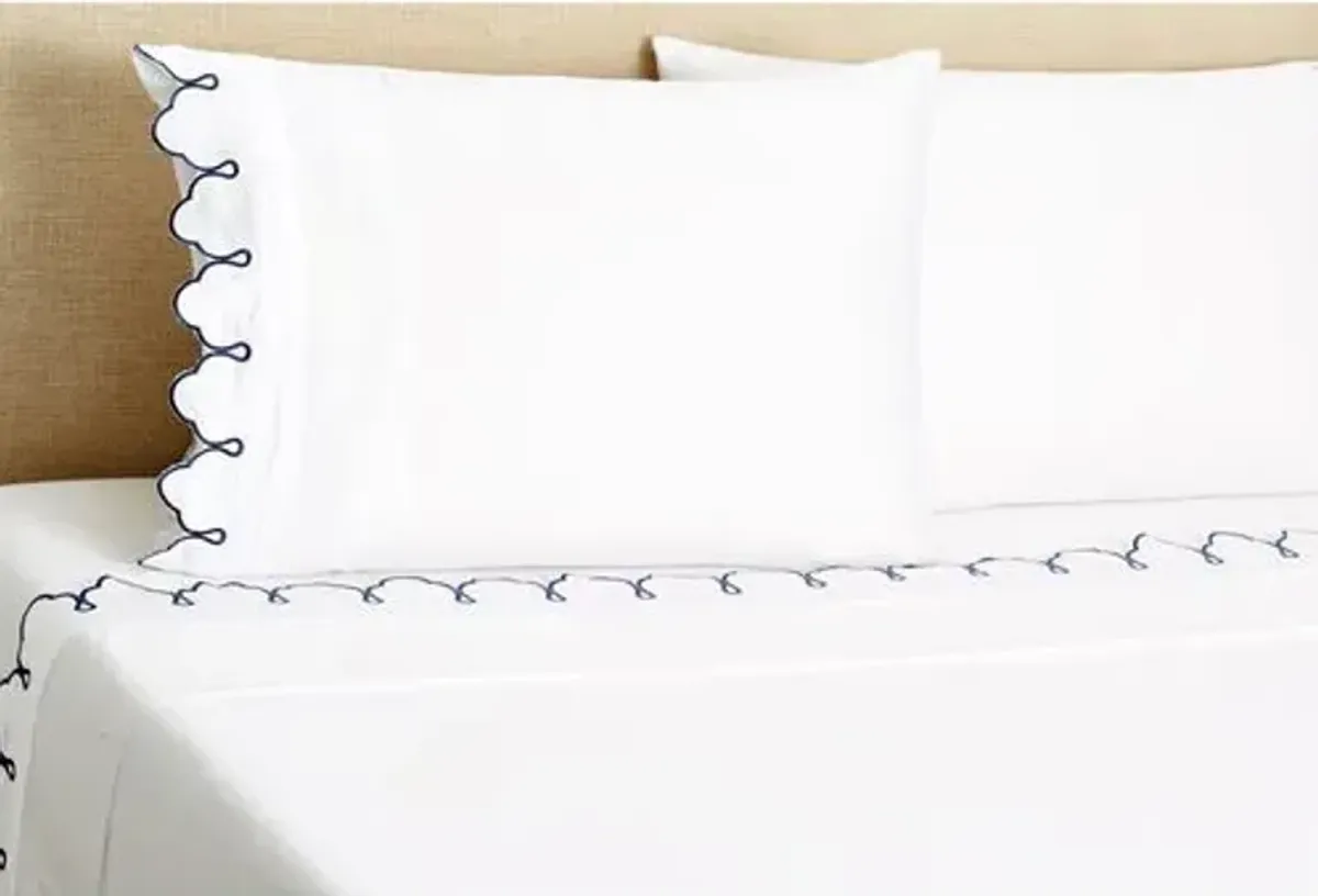 Embroidered Scalloped Sheet Set - Belle Epoque - Blue, 300 Thread Count, Egyptian Cotton Sateen, Soft and Luxurious