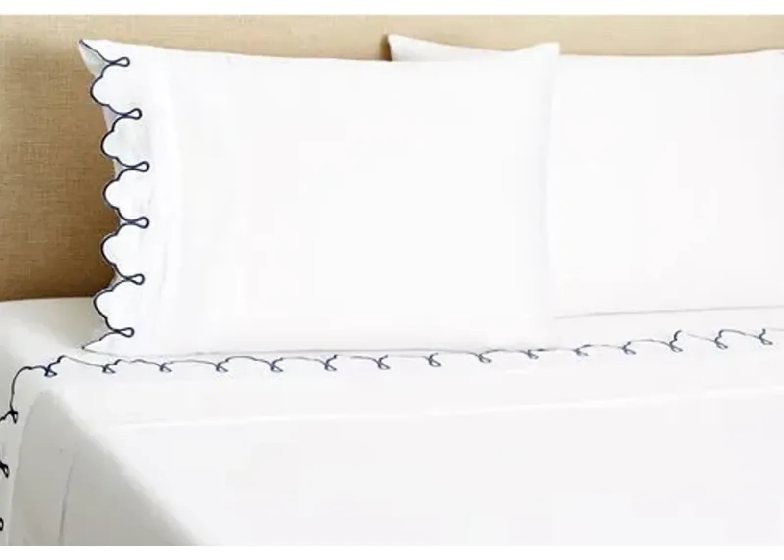 Embroidered Scalloped Sheet Set - Navy - Belle Epoque - Blue, 300 Thread Count, Egyptian Cotton Sateen, Soft and Luxurious