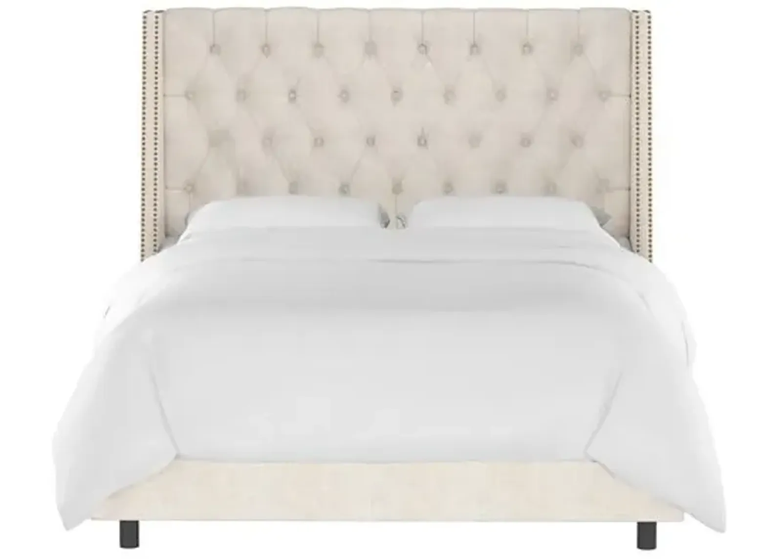 Sophia Wingback Bed with Nailheads - Linen - Handcrafted - Beige, Mattress, Box Spring Required