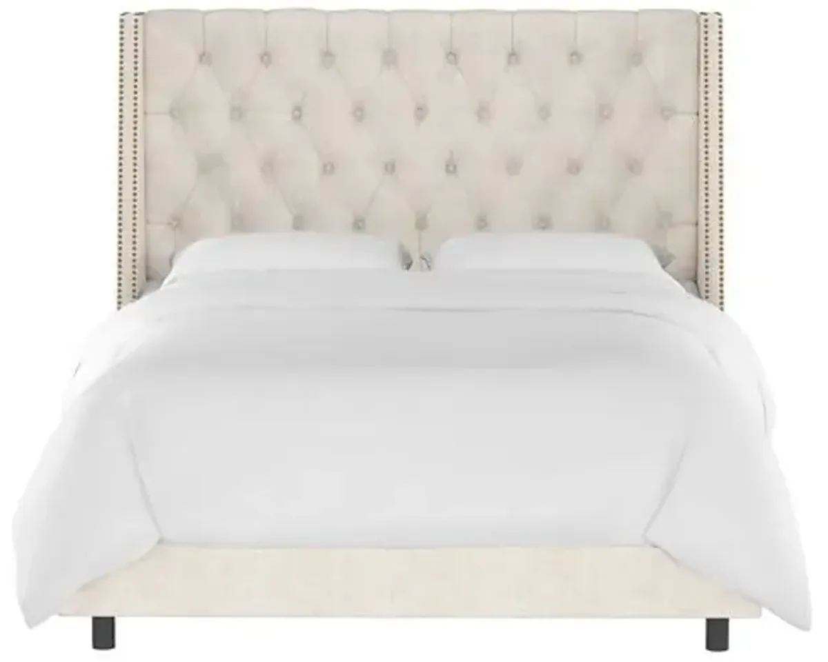 Sophia Wingback Bed with Nailheads - Linen - Handcrafted - Beige, Mattress, Box Spring Required