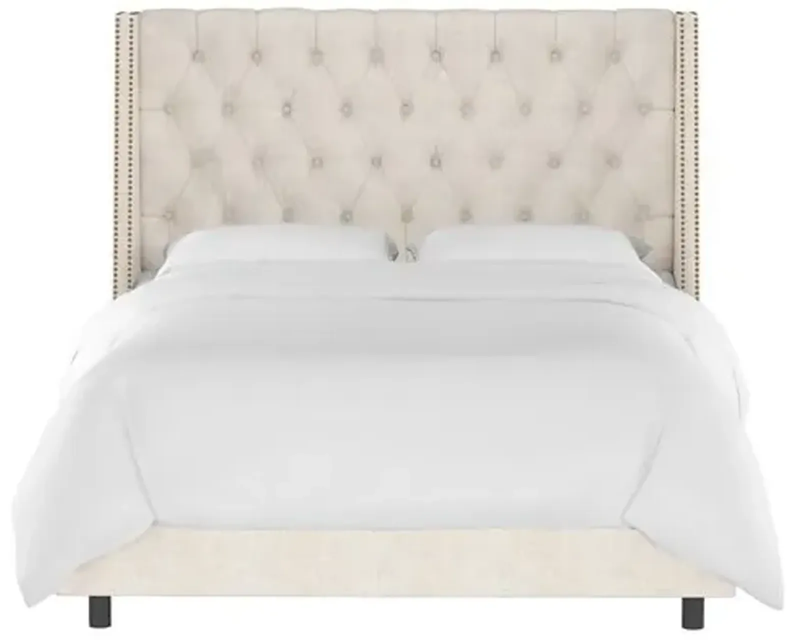 Sophia Wingback Bed with Nailheads - Linen - Handcrafted - Beige, Mattress, Box Spring Required