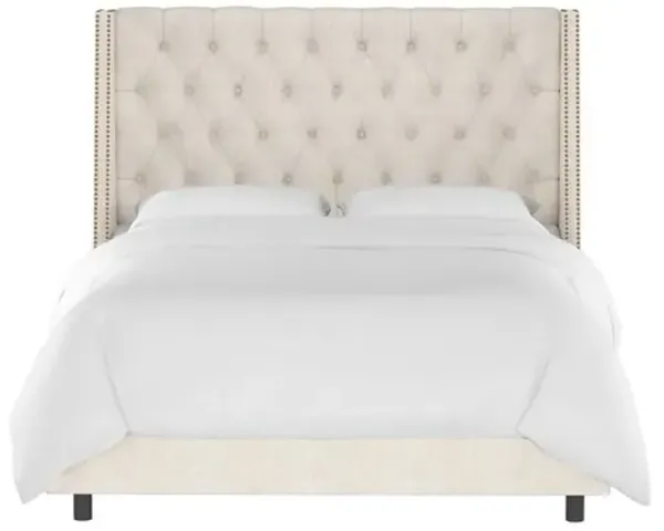 Sophia Wingback Bed with Nailheads - Linen - Handcrafted - Beige, Mattress, Box Spring Required