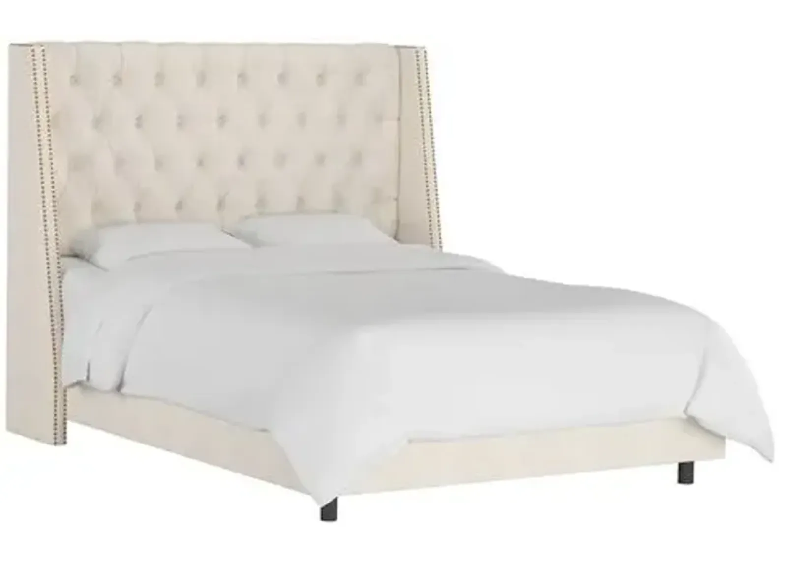 Sophia Wingback Bed with Nailheads - Linen - Handcrafted - Beige, Mattress, Box Spring Required