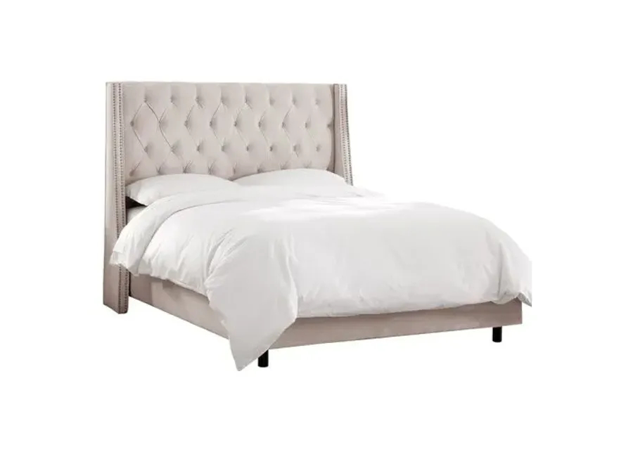 Sophia Velvet Wingback Bed - Handcrafted - Beige, Mattress, Box Spring Required