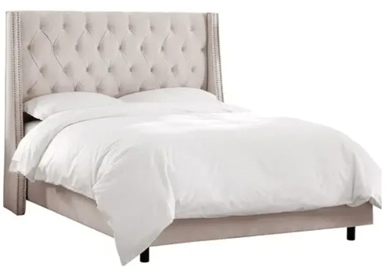 Sophia Velvet Wingback Bed - Handcrafted - Beige, Mattress, Box Spring Required