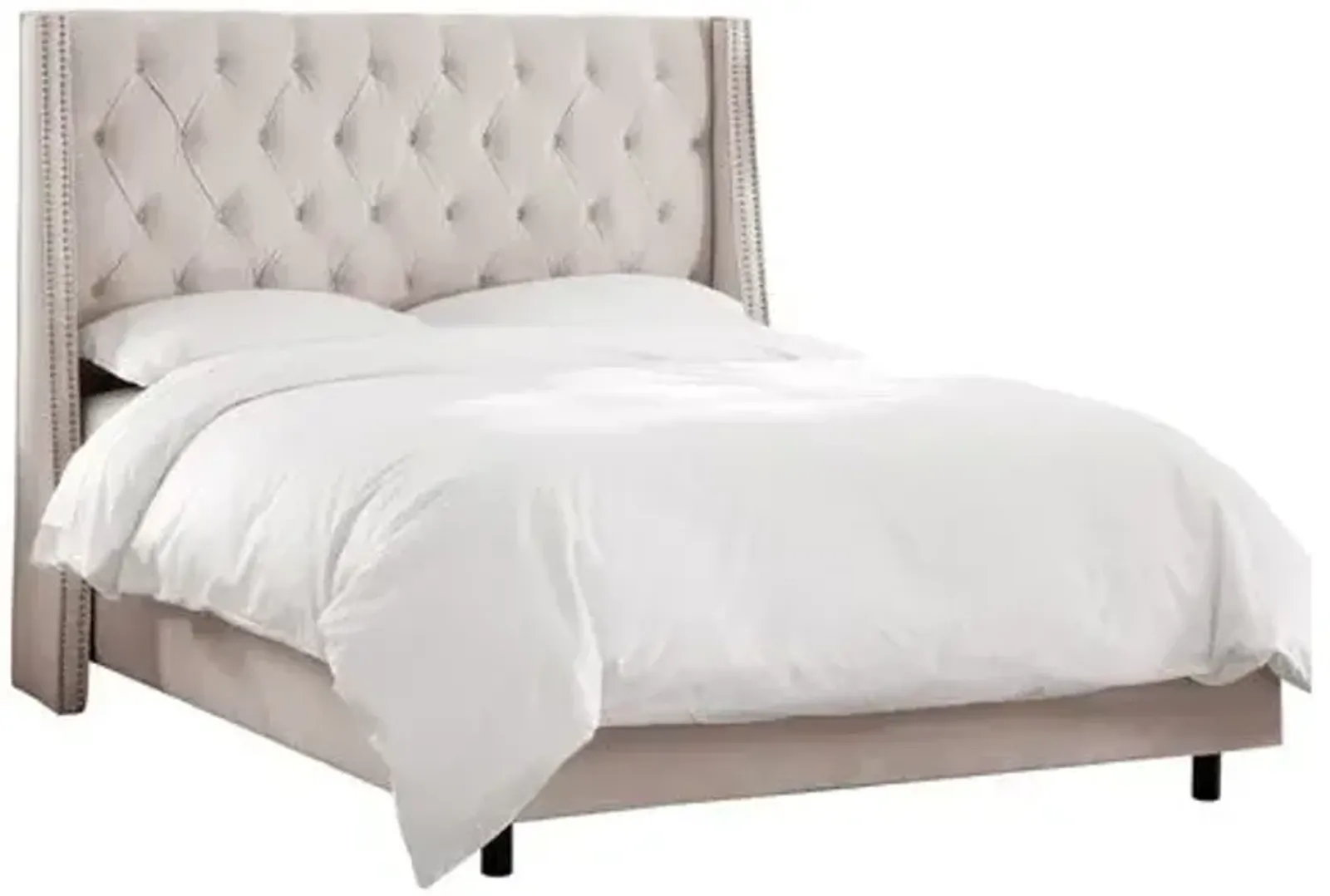 Sophia Velvet Wingback Bed - Handcrafted - Beige, Mattress, Box Spring Required