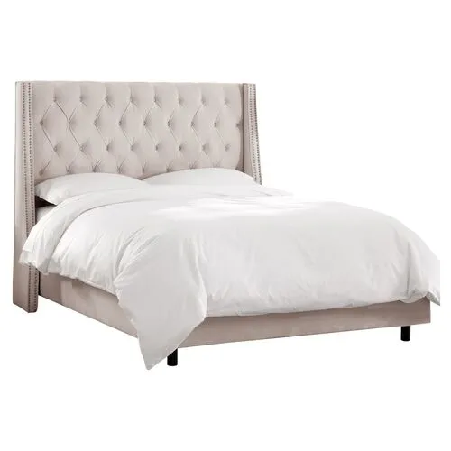 Sophia Velvet Wingback Bed - Handcrafted - Beige, Mattress, Box Spring Required