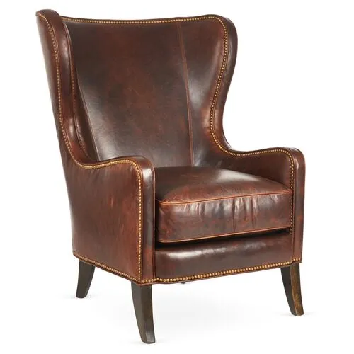 Dempsey Leather Wingback Chair - Bourbon Leather - Massoud - Handcrafted in The USA - Brown - Comfortable, Stylish