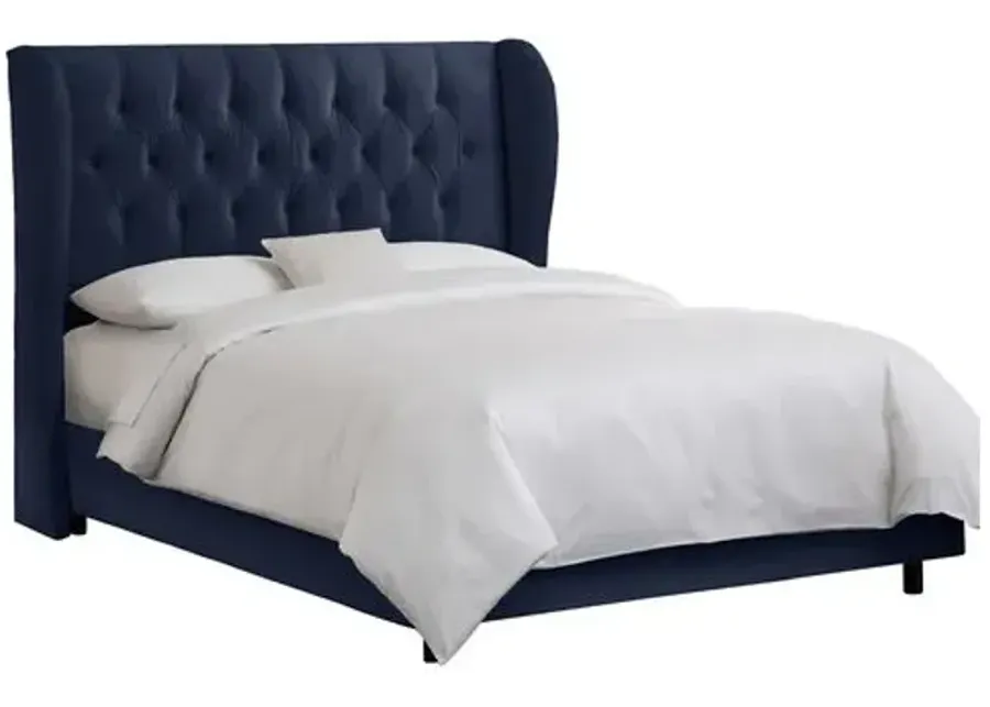 Reed Velvet Wingback Bed - Handcrafted - Blue, Mattress, Box Spring Required