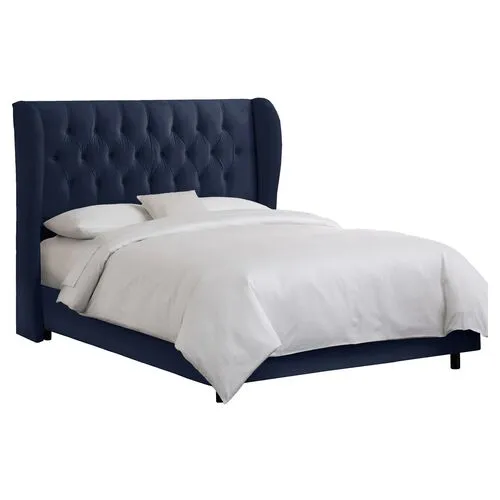 Reed Velvet Wingback Bed - Handcrafted - Blue, Mattress, Box Spring Required